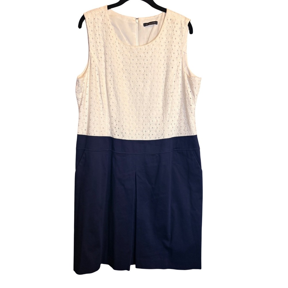 Tommy Hilfiger Colorblock Dress Womens 14 White Navy Good Eyelet Lace Pleated